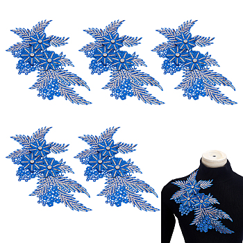 Polyester Clothing Patches, Leaf, with Rhinestone, Blue, 305x165x6.5mm