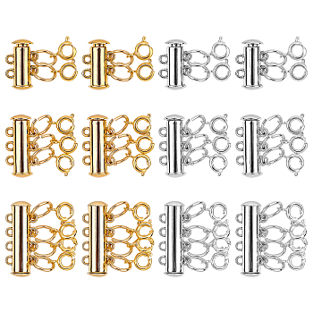 Tube Brass Magnetic Slide Lock Clasps, with Open Jump Rings and Spring Ring Clasps, Platinum & Golden, 12sets/box