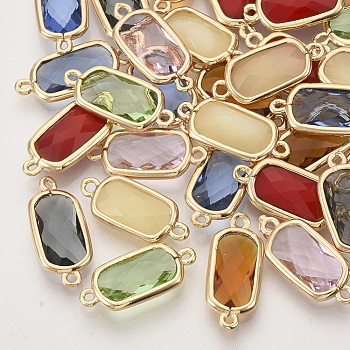 Faceted Glass Links connectors, with Golden Tone Brass Open Back Settings, Rectangle, Mixed Color, 19x8.5x3.5mm, Hole: 1mm