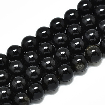 Natural Golden Sheen Obsidian Strands Beads, Round, 8mm, Hole: 1.2mm, about 47~48pcs/strand, 14.96 inch~15.75 inch(38~40cm)