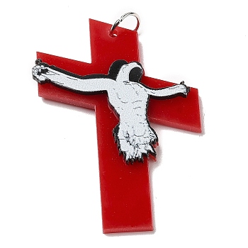 Opaque Acrylic Pendants, with Platinum Iron Jump Ring, Cross Charms, Red, 44x31.5x4mm, Hole: 5mm