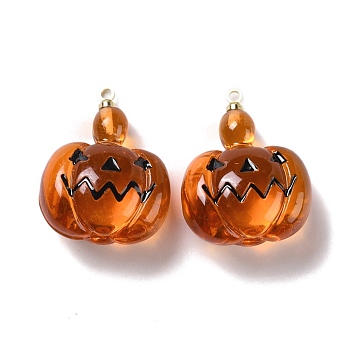 Halloween Pumpkin Transparent Resin Pendants, with Light Gold Tone Metal Loops, Pumpkin Jack-O'-Lantern, Sienna, 25.5x20x11.5mm, Hole: 1.6mm