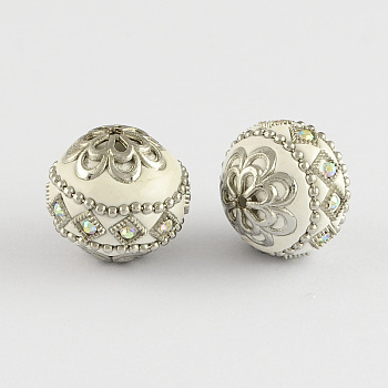 Round Handmade Grade A Rhinestone Indonesia Beads, with Alloy Antique Silver Metal Color Cores, Creamy White, 19.5x20mm, Hole: 2mm