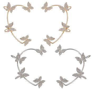 4Pcs 4 Style Crystal Rhinestone Butterfly Climber Wrap Around Cuff Earrings, Non-Piercing Brass Jewelry for Women, Platinum & Golden, 58~63x41.5~43x10.5~11mm, 1Pcs/style