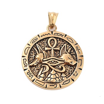 304 Stainless Steel Pendants, Flat Rpund with Anubis & Egyptian Cross Ankh and Eye of Horus, Antique Golden, 41x36x4.5mm, Hole: 7x5mm