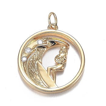 Brass Micro Clear Cubic Zirconia Pendants, Long-Lasting Plated, Ring with Moon and Woman, Real 18K Gold Plated, 21x19x3mm, Hole: 3.5mm