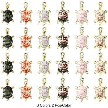 12Pcs 6 Colors Alloy Enamel Pendants, Light Gold, Tortoise, Mixed Color, 23.5~24.5x13.5~14x4.5~5mm, Hole: 1.6~1.8mm, 2pcs/color