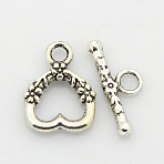 Tibetan Style Alloy Heart Toggle Clasps, Antique Silver, Heart: 18x14x3mm, Hole: 2.5mm, Bar: 20x8x3mm, Hole: 3mm(PALLOY-J471-27AS)