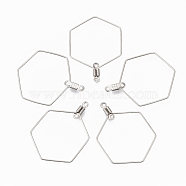 304 Stainless Steel Wire Pendants, Hoop Earring Findings, Hexagon, Stainless Steel Color, 18 Gauge, 34.5x25x1mm, Hole: 1.2mm(STAS-T051-006)