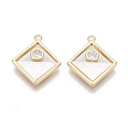 Brass Micro Pave Clear Cubic Zirconia Pendants, with Natural Shell, Rhombus, Real 18K Gold Plated, Nickel Free, Seashell Color, 17.5x15x2.5mm, Hole: 1mm, Side Length: 11mm(KK-S356-090-NF)