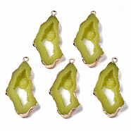 Druzy Resin Pendants, Imitation Geode Druzy Agate Slices, with Edge Light Gold Plated Iron Loops, Nuggets, Green Yellow, 40.5~41.5x19.5x5.5mm, Hole: 1.6mm(RESI-R428-018A)