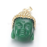 Glass Pendants, with Brass Findings, Buddha Head, Golden, Green, 40x26.5x16.5mm, Hole: 5x8mm(KK-I639-01AG)