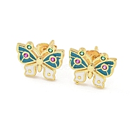 Butterfly Real 18K Gold Plated Brass Stud Earrings, with Enamel and Cubic Zirconia, Green, 10x12mm(EJEW-L269-095G-01)
