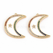 Brass Micro Pave Colorful Cubic Zirconia Pendants, with Enamel, Nickel Free, Real 18K Gold Plated, Moon, White, 27.5x21.5x2mm, Hole: 1.2mm(KK-S356-298A-NF)