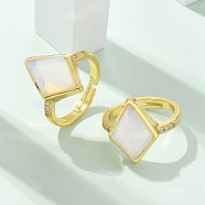 Rhombus Opalite Finger Rings, Golden Tone Brass Cubic Zirconia Cuff Rings, Rack Plating, Long-Lasting Plated, Lead Free & Cadmium Free, Rhombus: 13x18mm, Inner Diameter: 17mm(RJEW-B113-01G-05)