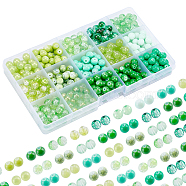 Elite 450pcs 15 Style Glass Beads, with Baking Painted & Spray Painted, Round, Green, 8.5~9mm, hole: 1.3~1.6mm, 30pcs/style(GLAA-PH0001-54)