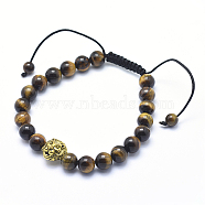 Tibetan Style Alloy Lion Adjustable Braided Bead Bracelets, with Natural Tiger Eye Beads, Antique Golden, 2-1/4 inch(57mm)(BJEW-SZ0001-71)