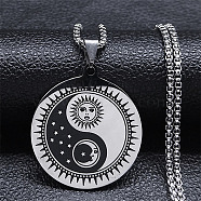 304 Stainless Steel Pendant Necklace with Box Chains, Yin Yang with Moon & Sun, Stainless Steel Color, 19.61 inch(49.8cm)(NJEW-H015-02P)