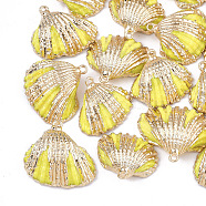 Spray Paint & Electroplate Sea Shell Pendants, with Iron Findings, Light Gold, Yellow, 18~30x20~30x7~11mm, Hole: 2mm(SSHEL-S262-09G)