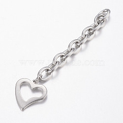 304 Stainless Steel Chain Extender, with Heart Charms, Stainless Steel Color, 70x6mm(STAS-H434-20P)
