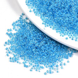 12/0 Glass Seed Beads, Transparent Inside Colours, Round Hole, Round, Deep Sky Blue, 12/0, 2~2.5x1.5~2mm, Hole: 0.8mm, about 30000pcs/bag(SEED-A014-2mm-133B)