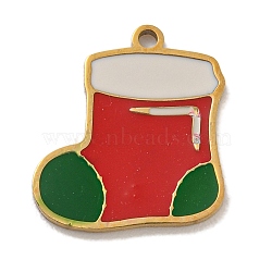 Christmas Theme 304 Stainless Steel Enamel Charms, Real 14K Gold Plated, Christmas Socking, 13x12x1mm, Hole: 1mm(STAS-Z093-02I)