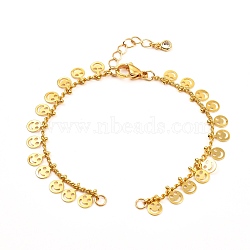 Flat Round with Smiling Face Brass Charm Bracelet Makings, with Brass Curb Chains and Cubic Zirconia Charms, 304 Stainless Steel Lobster Claw Clasps and Open Jump Rings, Golden, 6-3/4 inch(17cm), Hole: 2.8mm(AJEW-JB01070-02)