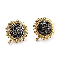 Brass Dangle Stud Earrings, with Polymer Clay Rhinestone and Ear Nuts, Sunflower, Black, 23x20.5x5.5~6mm, Hole: 1.4mm, Pin: 0.7mm(KK-G398-08A-G)