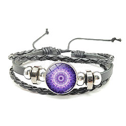 PU Leather Triple Layer Multi-strand Bracelet, Alloy Glass Mandala Links Adjustable Bracelet for Women, Blue Violet, 7-1/8 inch(18cm)(MAND-PW0001-39D)