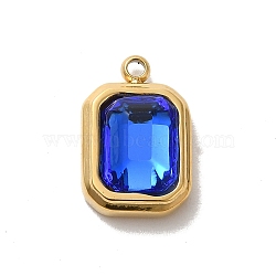 304 Stainless Steel Glass Pendants, Rectangle Charms, Real 14K Gold Plated, Blue, 13.5x9x5mm, Hole: 1.4mm(STAS-L022-062G-07)