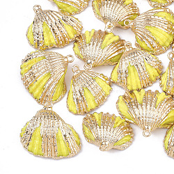 Spray Paint & Electroplate Sea Shell Pendants, with Iron Findings, Light Gold, Yellow, 18~30x20~30x7~11mm, Hole: 2mm(SSHEL-S262-09G)