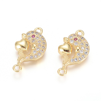 Brass Micro Pave Cubic Zirconia Links connectors, Dolphin with Heart, Clear, Golden, 19x10x3mm, Hole: 1.4mm
