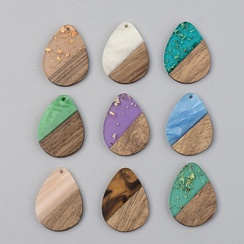 Resin & Walnut Wood Pendants, Teardrop, Mixed Color, 35.5x26x3mm, Hole: 2mm