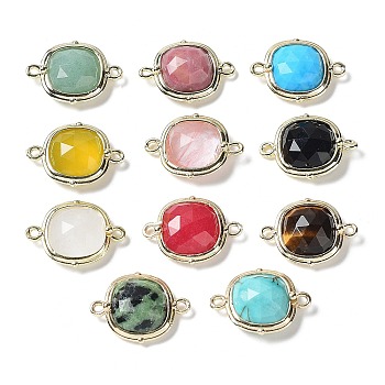 Natural & Synthetic Mixed Gemstone Connector Charms, Faceted Square Links with Rack Plating Golden Plated Brass Edge Loops, 14x19x5mm, Hole: 1.4mm and 1.8mm