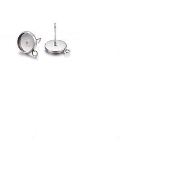 304 Stainless Steel Stud Earring Settings, with Loop, Flat Round, Stainless Steel Color, Tray: 16mm, 21x18mm, 2mm thick, Hole: 1.8mm