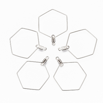 304 Stainless Steel Wire Pendants, Hoop Earring Findings, Hexagon, Stainless Steel Color, 18 Gauge, 34.5x25x1mm, Hole: 1.2mm