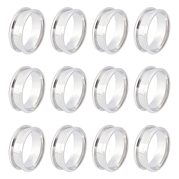 12Pcs Stainless Steel Grooved Finger Ring Settings, Ring Core Blank, for Inlay Ring Jewelry Making, Stainless Steel Color, US Size 10 1/4(19.9mm)