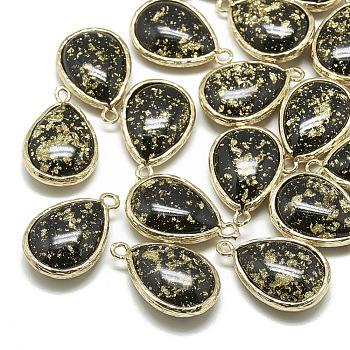 Resin Pendants, with Golden Tone Brass Findings, teardrop, Gold, 23x15x7mm, Hole: 1~2mm