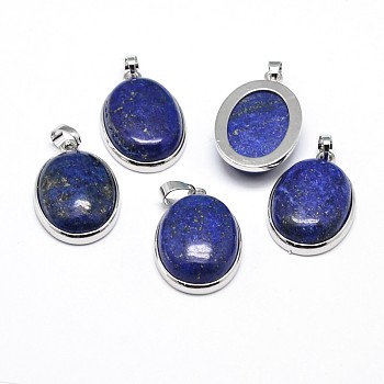 Oval Platinum Plated Brass Dyed & Heated Lapis Lazuli Pendants, Cadmium Free & Lead Free, 31x20x7.5mm, Hole: 5x8mm