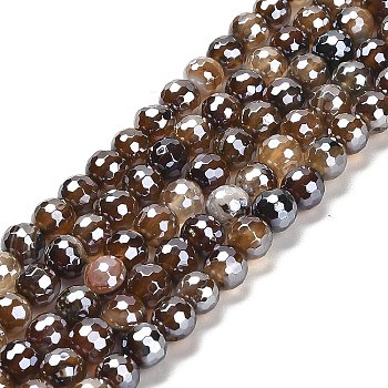 Electroplated Natural Agate Round Beads Strands, Dyed & Heated, Faceted(128 Facets), Saddle Brown, 6mm, Hole: 1.2mm, about 63pcs/strand, 15.16 inch(38.5cm)