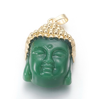Glass Pendants, with Brass Findings, Buddha Head, Golden, Green, 40x26.5x16.5mm, Hole: 5x8mm