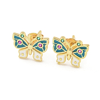 Butterfly Real 18K Gold Plated Brass Stud Earrings, with Enamel and Cubic Zirconia, Green, 10x12mm