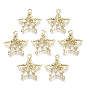 Alloy Pendants, with ABS Plastic Imitation Pearl, Star, Light Gold, 20x18x3.5mm, Hole: 1.8mm