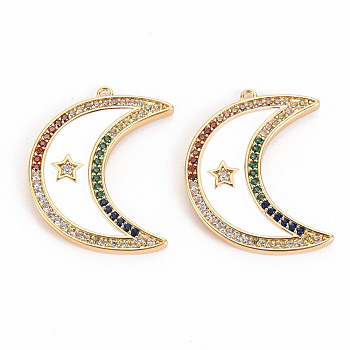 Brass Micro Pave Colorful Cubic Zirconia Pendants, with Enamel, Nickel Free, Real 18K Gold Plated, Moon, White, 27.5x21.5x2mm, Hole: 1.2mm