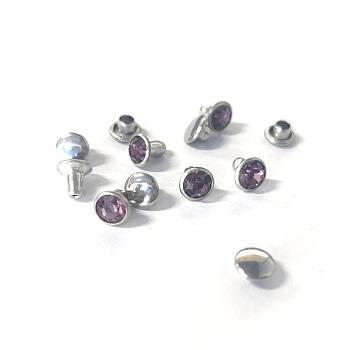 Brass Rhinestone Rivets, for Leather Craft DIY Making, Platinum, Flat Round, Light Amethyst, Stud: 6.5x6mm, Cap: 6x3mm