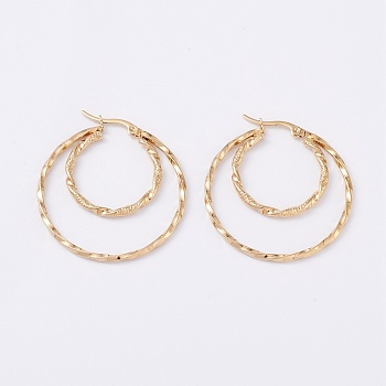 304 Stainless Steel Hoopd Earrings, Twist Double Ring, Golden, 41x38x2mm, Pin: 0.7mm