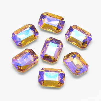 Pointed Back Glass Rhinestone Cabochons, Back Plated, Faceted, AB Color Plated, Rectangle Octagon, Gold, 18x13x5mm