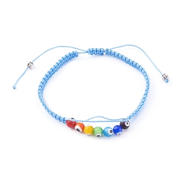 Chakra Jewelry, Adjustable Nylon Cord Braided Bead Bracelet, with Evil Eye Lampwork Round Beads and Alloy Spacer Beads, Light Sky Blue, Inner Diameter: 2-1/8~3-1/2 inch(5.5~9cm)