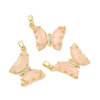 Rack Plating Brass Pendants, With Resion, Cubic Zirconia, Long-Lasting Plated, Lead Free & Cadmium Free, Real 18K Gold, Butterfly, Light Coral, 24x20x4.5mm, Hole: 3.5mm