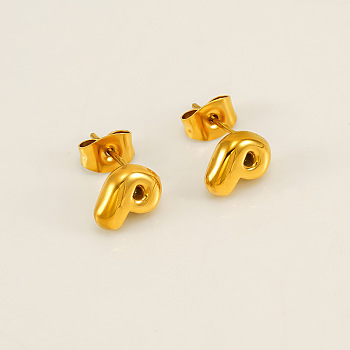 Chunk Letter 304 Stainless Steel Stud Earrings for Women, Real 18K Gold Plated, Letter P, 7.5~8.5x5~10.5mm